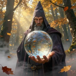 cinematic fantasy portrait painting of mighty wizard holding in hand a huge clear glass fresnel ball in the sunshine autumn forest, falling autumn leaves are reflected in the ball, foggy bottom, god rays, ultrasharp, art by john berkley, greg rutkowski, octane render, artstation, epic composition, detailed, cinematic