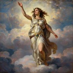 Full body oil painting of the beautiful goddess Gal Gadot as hera, she is wearing roman clothes and a surreal jewelry, her hair is natural disheveled, she is approaching heaven over the clouds, naturalism, dramatic lighting, high-detailed oil painting by Ilya Repin, Michelangelo da Caravaggio, William Blake, Alex Grey and Beksinski, trending on Artsation, hystorical painting, naturalism, masterpiece, 4k, 8k,