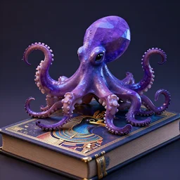 by wesley burt and basil gogos, visually stunning, cinematic, ultra realistic, hyper realism, 1 2 k, epic, octane render, unreal engine, vfx, maya, octangular purple and blue octopus sitting on top of a book : pharaonic, praetorian painting of a bird wearing a helmet : spectral
