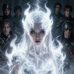 a beautiful portrait of a young Demon women covered in white flames with an intense look on her face by Greg Rutkowski, Sung Choi, Mitchell Mohrhauser, Maciej Kuciara, Johnson Ting, Maxim Verehin, Peter Konig, Bloodborne , 8k photorealistic, cinematic lighting, HD, high details, atmospheric , trending on artstation