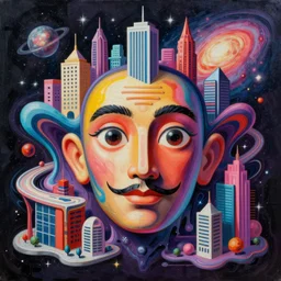 an extremely high quality hd surrealism painting of a 3d galactic neon complimentary-colored cartoon surrealism melting optically illusiony high-contrast zaha hadid exploded face cityscape by kandsky and salvia dali the second, salvador dali's much much much much more talented painter cousin, clear shapes, 8k, realistic shading, ultra realistic, super realistic