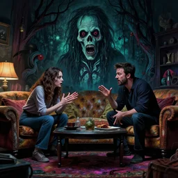 cinematic colorful horror artwork by artgerm, beksinski, mark brooks, stephen king ; real life full portrait of ben affleck and his wife dove cameron arguing in living room ; ground level wide shot low angle ; night ominous scary, 8 k hdr, creepy intricate ; volumetric dramatic lighting, insanely detailed, haunting