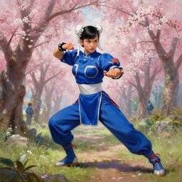 chun li working out in a cherry blossom forest, highly detailed painting by gaston bussiere, craig mullins, j. c. leyendecker 8 k
