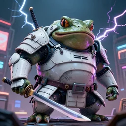 a wide shot, film still of a huge wide humanoid toad-man with a katana, in a light futuristic armour, open helmet, toad head, cyberpunk, Japanese style, hyper realistic, hyper detailed, sharpened, coherent picture, volumetric lightning, neon, electric colours, Filmic, Cinematic, Dramatic, Film Grain, Kodak Portra, Depth of Field, 15 mm octane render, 4k, raytracing, blender