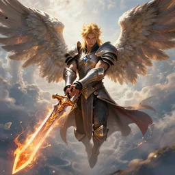 [ important ] amazing masterclass portrait of a floating winged aasimar paladin blond young man with amber eyes strong, wielding a flaming sword, in heaven ], hearthstone splash art, deiv calviz, splash art, natural light, elegant, intricate, fantasy, atmospheric lighting, by greg rutkowski, hearthstone splash art, hd wallpaper, ultra high details, cinematic composition, professional master piece made in one year