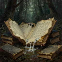 a creepy forest of books. melting, moldering, decaying books of demonic script. style of lovecraft. horror concept art. oil painting.