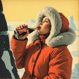 a woman in a parka drinking a bottle of coka - cola in an icy polar environment, constructivist, russian, soviet advertisement, 1 9 6 0's, by henri toulouse lautrec