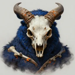 stunning god of bear skull portrait, dark blue and orange, muscular, bones, dirt, fantasy, intricate, elegant, highly detailed, digital painting, artstation, concept art, smooth, sharp focus, illustration, art by afshar petros and krenz cushart and artem demura and tony sandoval