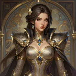 portrait of sombra, cyberpunk, deep focus, intricate, elegant, regal, highly detailed, digital painting, artstation, concept art, matte, sharp focus, illustration, d & d, fantasy, hearthstone, art by artgerm and greg rutkowski and alphonse mucha