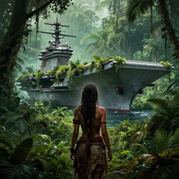 a tribal woman from behind, in front of the aircraft carrier USS Nimitz overgrown with vegetation, lush rain forest, post appocalyptic, by Luis Royo, by Greg Rutkowski, dark, gritty, intricate, backlit, strong rim light, cover illustration, concept art, volumetric lighting, volumetric atmosphere, sharp focus, octane render, trending on artstation, 8k