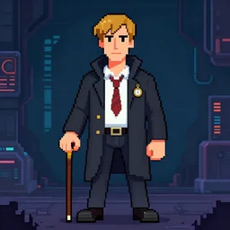 reginald hargreeves with a cane and a revolver, wearing a pocket watch, cyber punk setting, pixelart