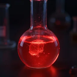 Glowing red liquid in a glass flask , dramatic light, artstation