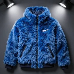 nike jacket made of very fluffy blue faux fur : : with a reflective iridescent nike logo, professional advertising, overhead lighting, heavy detail, realistic