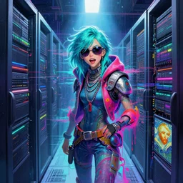 an angelic hacker with turquoise hair in vast cyberspace glitching through a vulnerable server, wearing sunglasses, wearing many necklaces, futuristic clothes, vibrant colors, glitchy, rule of thirds, spotlight, drips of paint, expressive, passionate, by greg rutkowski, by jeremy mann, by francoise nielly, by van gogh, digital painting