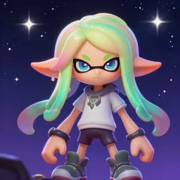 splatoon inkling, in the starry sky, star sparkles, sharp focus, d & d, epic retrowave art, masterpiece, trending on art station, fantasy, digital painting, highly detailed, 8 k realistic, dof, art by artgerm, greg rutkowski, sasoura, satchely, no distorsion