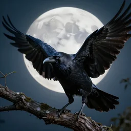 a hyper-detailed fantasy wallpaper book cover, close-up portrait of a crow flying above a tree in front of the full big moon; an extraordinary masterpiece!!!; flawless; proud posture; photorealistic eyes; trending on artstation; f/1.4; 90mm