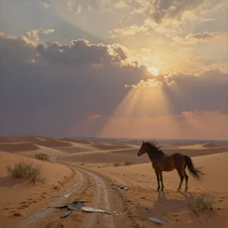 a oil painting of a desert landscape with a wasted way, west wind, old horse, at sunset, concept art, octane render, unreal engine 5, trending on deviantart, highly detailed, high quality, oil painting, digital painting, masterpiece, hyperrealistic, breathtaking landscape, soft lighting, godrays, complementary colors, natural lighting