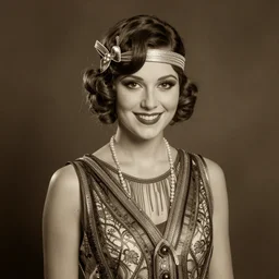 a portrait photo of a 1 9 2 0 s young woman with a cute smile in a flapper dress, atmospheric lighting, painted, sepia, intricate, ultra detailed by leesha hannigan, thierry doizon, kai carpenter, well composed, best on artstation, cgsociety, epic, stunning, gorgeous, intricate detail, wow, masterpiece