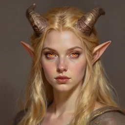 A head-on detailed oil fantasy portrait of a pretty elf woman with small horns on her forehead, long blonde hair and bright copper irises, by greg rutkowski, trending on artstation, dungeon and dragons art
