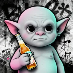 detailed closeup portrait of grey cute alcoholic goblin holding bottle of beer, in the style of rob lefield and dan mumford, epic gradient, by atey ghailan, by greg rutkowski, by greg tocchini, by james gilleard, by joe fenton, by kaethe butcher, gradient pink turquiose, black and white color scheme, grunge aesthetic, graffiti tag