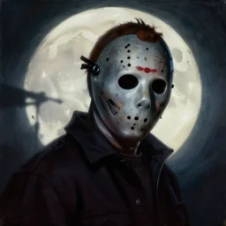 portrait, jason voorhees, scary, horror, giant moon, dramatic sky, shadows on side, cinematic, side light, backlighting, oil painting by frazetta