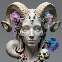 goddess princess face close-up portrait ram skull. hard surface sculpting zbrush. jellyfish phoenix head, nautilus, orchid, skull, betta fish, bioluminiscent creatures, intricate artwork by Tooth Wu and wlop and beeple. octane render, trending on artstation, greg rutkowski very coherent symmetrical artwork. cinematic, hyper realism, high detail, octane render, 8k