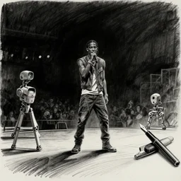 travis scott performing live, by weta digital, by weta fx, illustration, graphite, fountain pen, still - life, concept art, digital art, cinematic, wide angle, tones of black in background