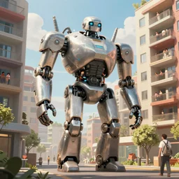 movie scene, giant robots as apartment buildings, walking slowly, people living inside robots, mechanical architecture