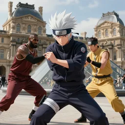 Nartuo Uzumaki in a ninja battle against LeBron James outside the louvre museum