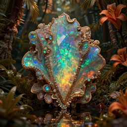 iridescent opal structure made of opal, moody, warm tones, water reflection, opalescent lush tropical forest with flowers : : dan mcpharlin, daniel merrian : : ornate, dynamic, particulate, rich colors, intricate, elegant, highly detailed, centered, artstation, smooth, sharp focus, octane render
