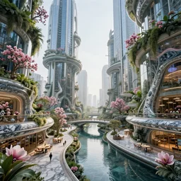 biophilic futuristic scifi suspended city gardens architectural landscape, fluidity, flowers, porcelain, beautiful morning light, canal bridge paths pedestrian cafes, interior cinematic composition, granite marble, nebula magnolia, water, glass walls, metallic, skyscrapers, foliage, vincent callebaut composition, 8 k, unreal engine, hdr