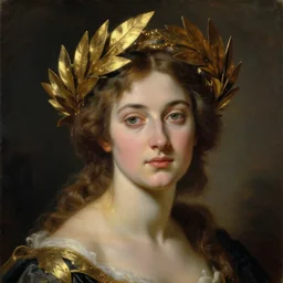 portrait of a woman wearing an ornate golden laurel leaf crown, by jacques - louis david, by greg rutkowski, by zdzisław beksinski, by josep tapiro baro, trending on artstation, featured on pixiv, masterpiece, oil on canvas, cinematic composition, dynamic beautiful lighting,