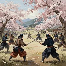 awe-inspiring bruce pennington landscape digital art painting of two groups of samurai meeting in battle in Feudal Japan, cherry blossoms on trees, 4k, matte