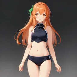 a feminine soft orange haired with a green hairbow and wearing japanese school swimsuit, concept art by muqi, featured on pixiv, mingei, official art, full body, anime aesthetic