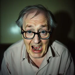 older male todd solondz stars in the tenant by roman polanski and andrzej zulawski, glasses, scared, screaming and crying, red lipstick, seventies film, cinemaic, dramatic, soft light