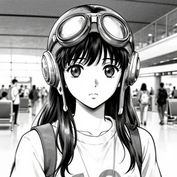 a full body manga portrait black and white of aviator disney style girl, finely detailed features, closeup at the faces, perfect art, in the airport yard, gapmoe yandere grimdark, trending on pixiv fanbox, painted by greg rutkowski makoto shinkai takashi takeuchi studio ghibli, manga ink style