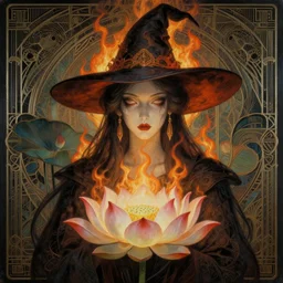 breathtaking detailed concept art painting art deco portrait of a burning witch amalgamation lotus, by hsiao - ron cheng, bizarre compositions, exquisite detail, extremely moody lighting, 8 k