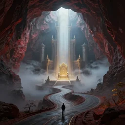 concept art by barlowe wayne, ruan jia and greg rutkowski. a winding road to fantasy cave palace of bad omens!! magnificent palace!! fier in fog. dante's divine comedy, a beam of light fell on the stone throne!! 3 d, ultra clear detailed. octane render. 8 k. dark red, light grey blue and golden