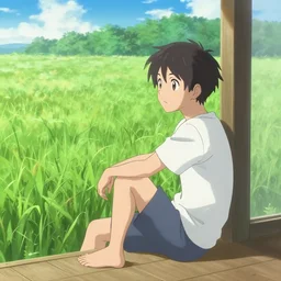 boy sitting on his porch in a field of grass by hiromu arakawa