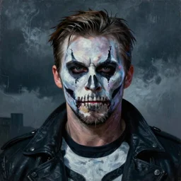 Ryan Gosling As The Punisher, skull face makeup, head and shoulders portrait, stormy weather, extremely detailed masterpiece, oil on canvas, low-key neon lighting, artstation, Blade Runner 2049, Roger Deakin’s cinematography, by J. C. Leyendecker and Peter Paul Rubens and Edward Hopper and Michael Sowa
