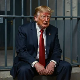 a perfect, realistic professional oil painting in classicism style, of Donald Trump crying sitted inside an american prison, by a really great American senior artist on ArtStation, a high-quality Hollywood-style concept, scary, dark