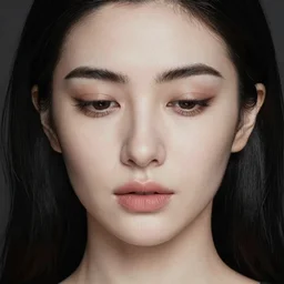 portrait of an elegant turkish woman, heart shaped face, pale ivory skin, downturned hazel eyes, button nose, thin light pink lips, natural straight eyebrows, long thin black hair, majestic, hyper realism, intricate detail, beauty, symmetric face, headshot, by abdullah aydemir and enis yavuz, hdr shot