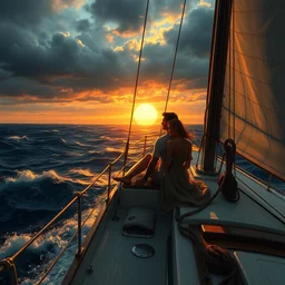 a concept art of couple on the the yacht sailing through the stormy ocean, sun setting down, an on board, there are two, beautiful, loving people, intricate details, romantic colour scheme, by rembrandt