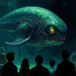 close - up view of human silhouettes watching a giant dark sci - fi alien sea creature with big glowing eyes in a giant futuristic fish tank aquarium, deep green and blue colors, highly detailed science fiction painting by syd mead, roger dean, and moebius. rich colors, high contrast, cosmic black background. unreal engine, artstation.