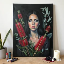 “ black paint, charred, bushfire, a portrait in a female art student ’ s apartment, australian wildflowers, sensual, queer woman, flax, flannel flower, bottlebrush, eucalyptus, art supplies, a candle dripping white wax, squashed berries, berry juice drips, acrylic and spray paint and oilstick on canvas, surrealism, neoexpressionism ”