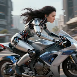 8 k detailed photo of a half cyborg half beautiful woman close up in motion riding a futuristic motorcycle in a post apocalyptic city