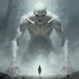 a beautiful terrifying immense pale humanoid giant looms over a tiny human. ethereal horror fantasy art by artgerm and greg rutkowski and hr giger