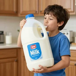 milk commercial, kid is holding a comically huge vessel of milk and failing to drink it