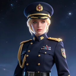 beautiful portrait of a female officer wearing a fancy naval uniform, art by wlop and artgerm, science fiction, blonde hair, space background, trending on artstation, sharp focus, illustration, caustics, octane render, 4 k, radiant light