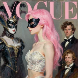 mage, vogue, elle, masquerade, greg rutkowski, john singer sargent, anime, trending on artstation, oil painting, intricate, crop top, side profile, pink hair